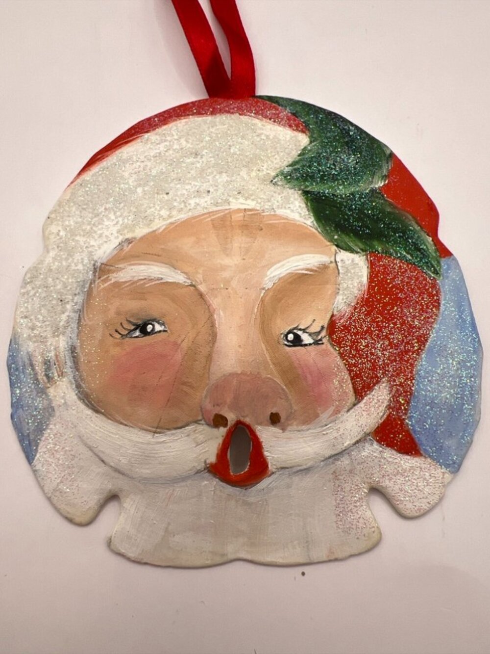 Vtg Hand painted Sand Dollar Santa Face 4" Christmas ornament Glittered Tropical